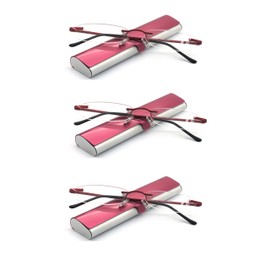 EYE ZOOM 3 Pack Rimless Reading Glasses with Slim Wine Red and Silver Case for Men and Women, +1.50