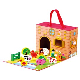 Mertens Farm Wooden Travel Suitcase Toy for Children from 18 Months (13 Pieces, Practical Cardboard Case with Carry Handle for On the Go, 12 Animal Figures, Dimensions: 42 x 17 x 25 cm), Colourful