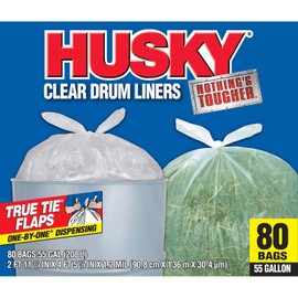 Husky 55 Gallon Clear Flap Tie Drum Liner- 80 ct. Trash Bags