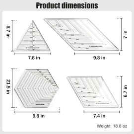 4 Pcs Quilting Ruler Set, 60 Degree Triangle and Diamond, 45 Degree Diamond, Hexagon Templates, Clear Acrylic Patchwork Sewing Rulers for Precision Cutting, Drawing and DIY Clothing Design