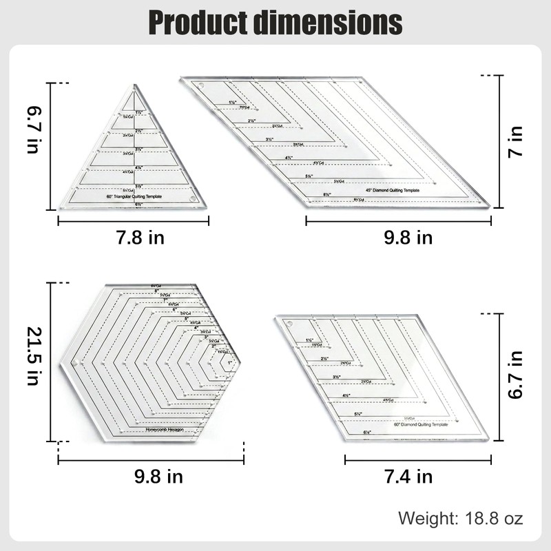 4 Pcs Quilting Ruler Set, 60 Degree Triangle and Diamond,