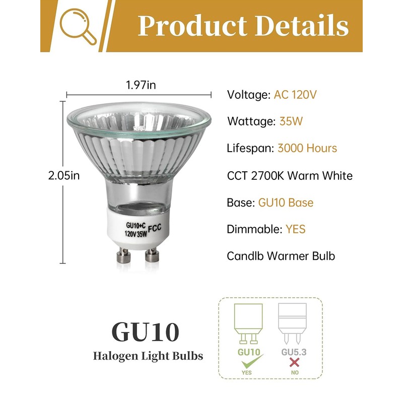 Elenhome GU10+C 120V 35W Halogen Light Bulbs, 6 Pack Dimmable