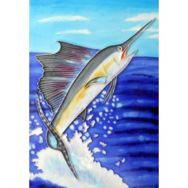 Swordfish hand painted ceramic art tile 8x12 inches with felt back