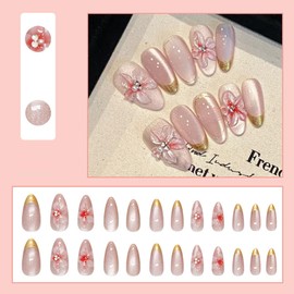 24 Pcs Spring Press On Nails Short Almond,YEFIUO Summer Gold French Nail Tips Fake Nails Press ons Acrylic Nail Art Kit 3D Carved Flower Cat's Eye Design Glue on Nails Full Cover False Nails for Women
