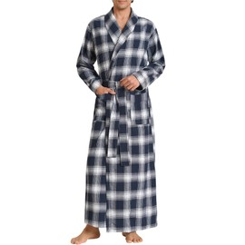 Latuza Men's Cotton Flannel Long Robe Full Length Plaid Bathrobe L Navy