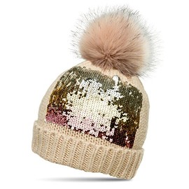 Caspar MU169 Women's Knitted Winter Hat with Sequins Decoration and Large Faux Fur Bobble, beige