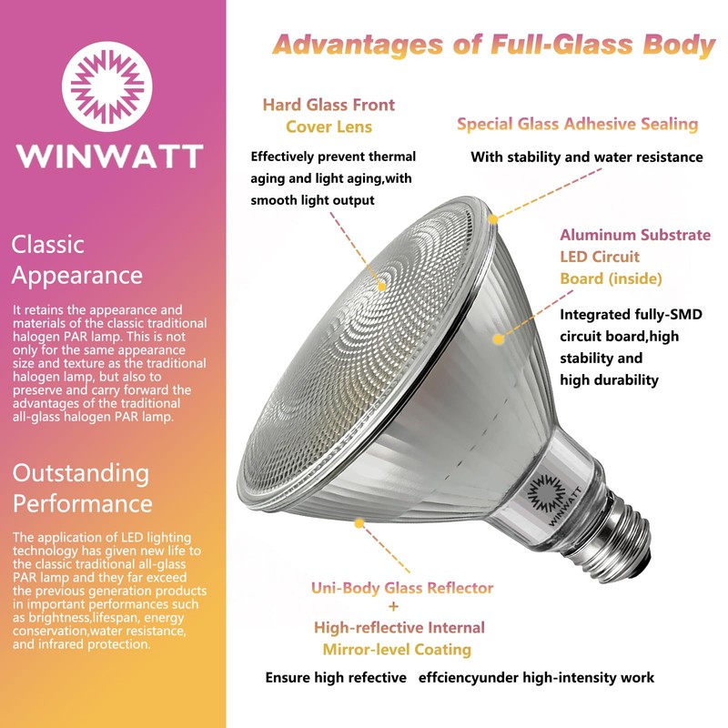 WinWatt LED Light Bulbs PAR38 Full Glass, 27W=300W Equivalent 4000