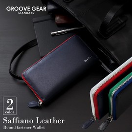 GROOVE GEAR ggs-1016 Men's Long Wallet, Saffiano Leather, Color Tape, Round Zipper, Large Capacity, Black