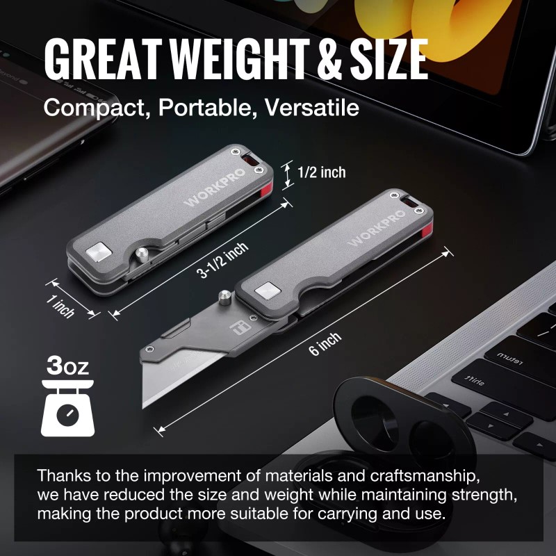 WORKPRO Premium Titanium Utility Knife CNC Unibody w/10 Extra Blades