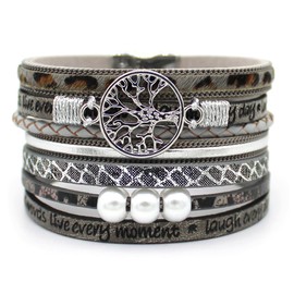 P Ammy Fashion® Inspirational Tree of Life Wide Leather Bracelets for Women Boho Cuff Bohemian Jewelry Gifts Bangle with Magnetic Clasp (Leopard Grey)