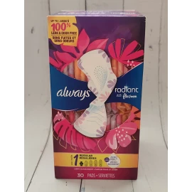 Always Radiant Feminine Pads with Wings, Size 1, Regular Absorbency, 30 Pads