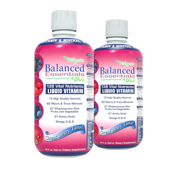 Wellgenix Balanced Essentials Plus New Formula - Liquid Vitamin - Complete Multivitamin Supplement - 1oz Daily - Immune Boosting & Overall Health - Adults and Kids - Berry Flavor 32oz (2)