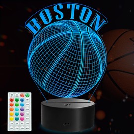 POSSHE Basketball Night Light, Boston Gifts for Boy, 3D Illusion Lamp with Remote Control, 16 Colors Changing, RGB Flashing Mode and Dimmable, Gifts for Boys Christmas Decor (Boston)