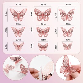 BMYUK 72 Pcs 3D Butterfly Wall Stickers 3 Styles Stereoscopic Hollow for Wedding Decorations Girls Bedroom Birthday Party Holiday Decoration Stickers (Rose Gold)