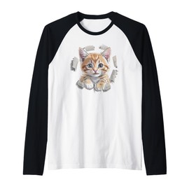 Funny Orange Tabby Cat Torn Fabric Raglan Baseball Tee