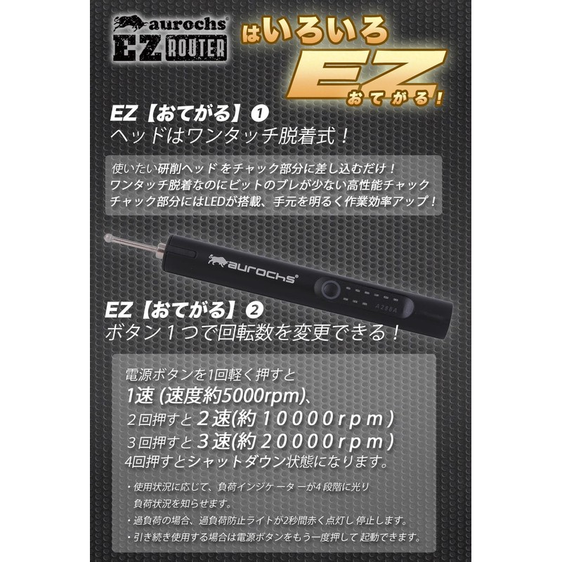 aurochs 充電式 リューター ミニルーター プラモデル 工具 3段変速 照明付き TYPE-C 小型