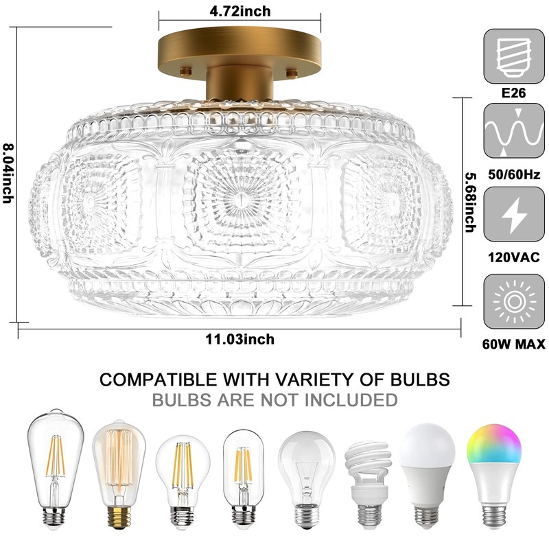 OYKYOHEI Semi Flush Mount Ceiling Light, Upgraded Larger Gold Glass