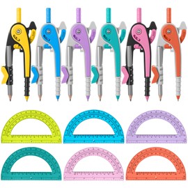 Chengu 6 Set Compass and Protractor Set, Multicolor Compass Geometry Tool 6 Inch 180 Degree Translucent Protractors for Geometry, Math Graphing Drawing Tools for Office and School Supplies