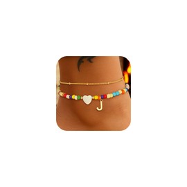 Eaciy Colorful Initial Ankle Bracelets for Women - 14K Gold Plated Layered Heart Initial Anklets Bracelet Dainty J Letter Ankle Bracelet Colorful Layered Anklet Bracelet for Women