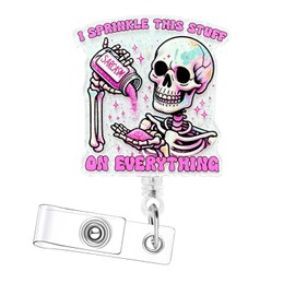 Funny Skeletone Office Badge Buddy Badge Holder with 360° Rotating ID Card Holder Retractable Clip Cute Pink Glitter Medical Badge Clip for RN CNA LPN LVN MA Hospital Worker Nursing Student Teacher