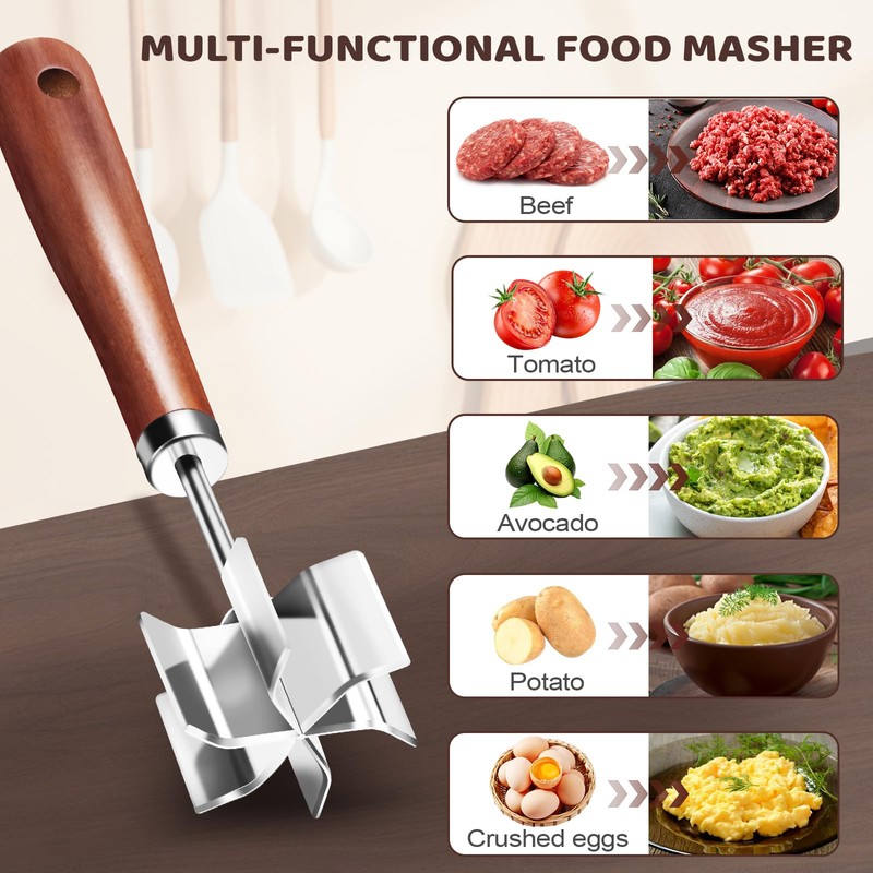 Stainless Steel Meat Chopper Masher, 6 Blade Ground Beef Chopper