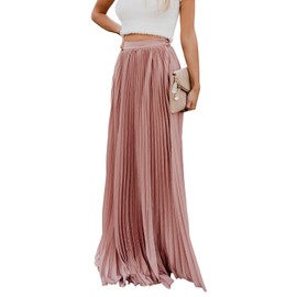 ebossy Women's High Waist Flowy Pleated Chiffon Maxi Skirt (Large, Pink)