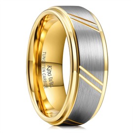 King Will Tungsten Wedding Band For Men - 8mm Men Wedding Ring Dual Tone Brushed, Silver Gold Slash Finish Step Edge Wedding Band, Hypoallergenic Tungsten Wedding Band Ring, Comfort Fit Size 12