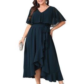 Women Plus Size Long Formal Dress Short Sleeve Chiffon Ruffle V Neck High Low Split Wedding Guest Maxi Dresses Lake Blue