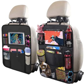 2 Pack Car Backseat Organiser with 10" Tablet Holder Anti Kick Mats Back Seat Protector Car Back Seat Organizer for Kids Car Travel Accessories Kids Toy Storage with 9 Storage Pockets