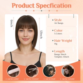 Benehair Clip-In Real Hair Fringe, French Air Fringe, Real Hair 14 g, Clip in Bangs, Real Hair Front Fringe, 100% Natural Bangs with Temple Face Shape, Change High Hairline, Light Brown #6