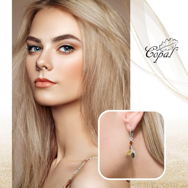 Genuine Amber Sterling Silver 925 Floral Design Earrings, Amber, No