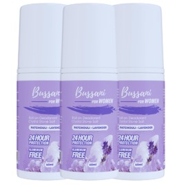 Bussani Women's Roll-On Deodorant | Salt Stone Formula, Long-Lasting & Aluminum-Free | 24-Hour Odor Protection | Fragrance: Lavender Patchouli Scent, 2.02 fl oz, Pack of 3