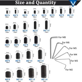 Seamaka 620Pcs M2, M3, M4, M5, M6, M8 Metric Hex Socket Head Cup Point Set Screws (Black),25 Size 12.9 Class Alloy Steel Grub Screw Assortment Kit with 6 Hex Wrenches for for Home Repairs & Fixtures