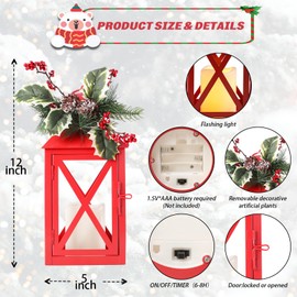 Christmas Lantern Decoration with LED Candle – Red Metal Lantern with Holly Berry and Pinecone Accents – Battery Operated Hanging or Tabletop Ornament for Christmas, Winter Holiday Decor