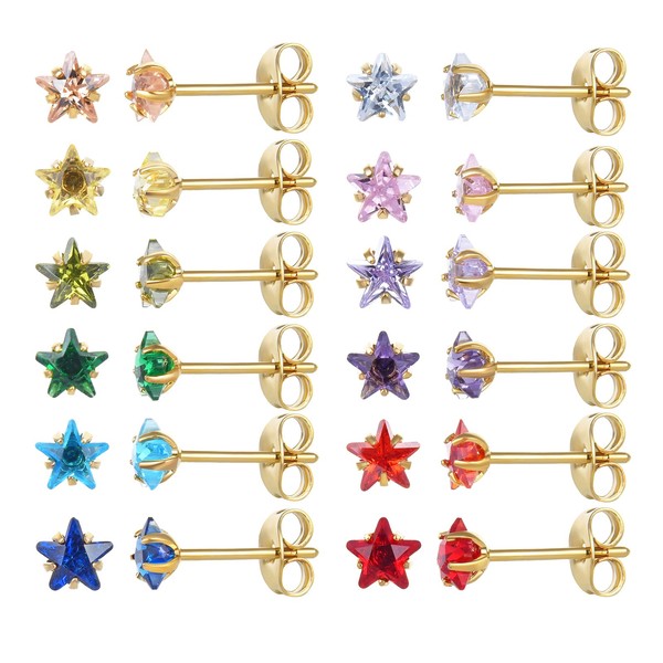 12 Pairs 18K Gold Plated Surgical Stainless Steel Stud Earrings,