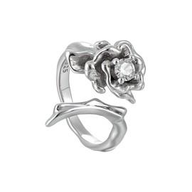 NicoWerk SRI997 Women's Silver Ring Rose Made of 925 Sterling Silver Flower Shiny with Stone Filigree Playful Smooth Adjustable Open, Sterling Silver