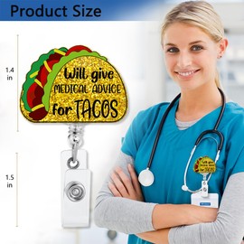 XQLZY Will Give Medical Advice for Tacos Gold Glitter Cute Badge Reel Retractable with Clips, Funny Taco ID Badge Holder Gift for Nurse Doctor Medical Graduate Midwife ED Colleague Social Worker