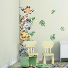 Tanlaby Jungle Animal Wall Tattoo Cartoon Animals Wall Sticker Giraffe Zebra Elephant Green Leaves Wall Sticker for Children Baby Room Living Room Bedroom Children's Room Home Wall Decoration