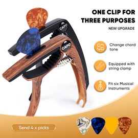 Moom guitar capo and clip-on guitar tuner, for acoustic/electric guitars, ukulele,guitar accessories complimentary 4 picks(Tuner + Rosewood/Black Capo)