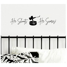 He Shoots, He Scores vinyl Decal | 22 x 4.75 inches | Black Matte | Boys bedroom Hockey Player Wall decor - Ice rink Hockey puck vinyl sticker playroom door decals