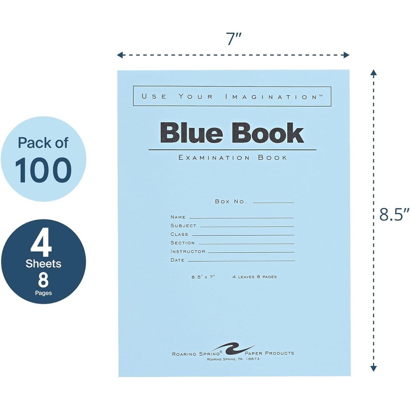 ROARING SPRING Exam Blue Books, 100 School Examination Booklets, 8.5"