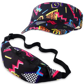 Mepase 2 Pcs 80s 90s Fanny Pack 80s Outfit Sun Visor Hat Waist Bag 80s Accessories for Men Women Summer Party Golf Tournament(Vivid)
