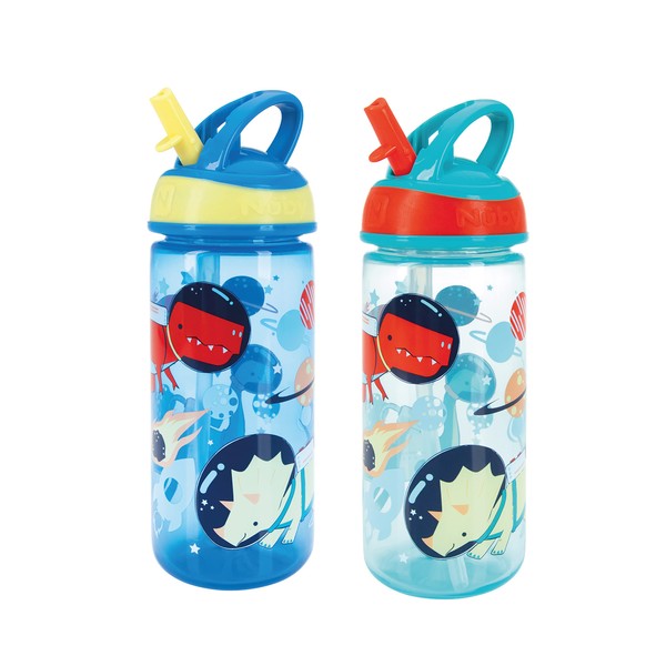 Nuby Super Flip Water Bottle-No Spill Active Toddler Sippy Cup|540ml/19oz |Carry Handle|Freeflow|Dishwasher, Steriliser Safe|Suitable Beaker for 18 Months Plus (Dinosaurs, Pack of 2), 048526890514