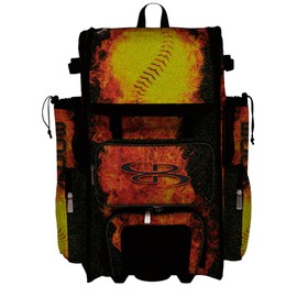 Boombah Rolling Superpack Baseball/Softball Gear Bag - Telescopic Handle - Holds 4 Bats - Wheeled Version - Softball Flame Thrower Glitter Black/Orange