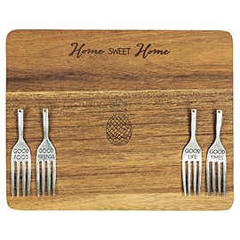 Pavilion Gift Company Sweet Home Pineapple 7 x 9 Inch Cutting Cheese Board, Set Of 4 Forks With Debossed Text, 9", Brown