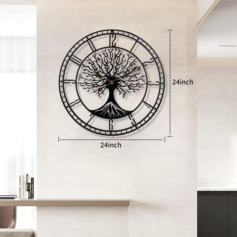 Dankeit Tree of Life Wall Clock, 24Inch Metal Black Family