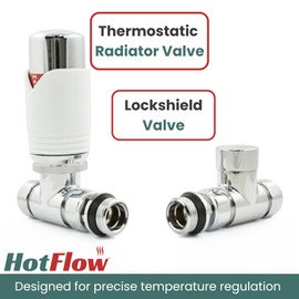 Hot Flow White Marella 3 Modern Thermostatic Radiator Valve Straight TRV. Includes Straight TRV Body, Wheel Head & Lock Shield for Quick & Easy Temperature Control.