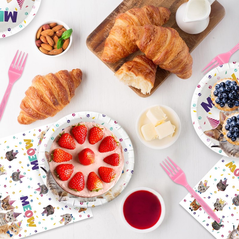 48pcs Cat Party Supplies,Disposable dessert tableware,include 16 Dessert Plate,16 Napkin