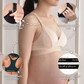 Bodydue Absobra Nursing Pad-Free Nursing Bra for Easy Breastfeeding Maternity Essential Wireless Full-Coverage Comfort (Medium, Black&Gold)