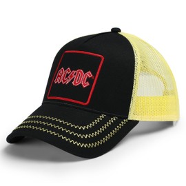 Amplified Trucker Baseball Cap with Adjustable Snapback Closure, Breathable, ACDC, Black-Yellow-Red, Unit size